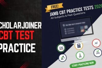 JAMB CBT Practice Test 2026 dashboard with subject icons for English, Physics, Chemistry, and Civic Education